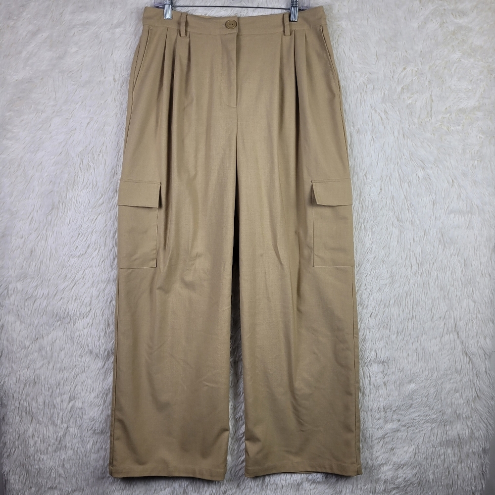Selected‎ Femme Womens L Beige Wide Leg Pleated Cargo Trouser Pants Capsule